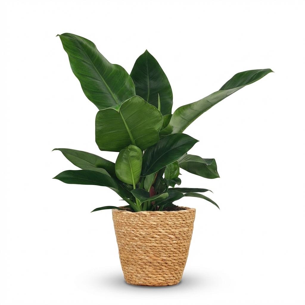 Grand Philodendron Imperial Green avec un feuillage vert foncé et des feuilles larges, planté dans un cache-pot en osier naturel