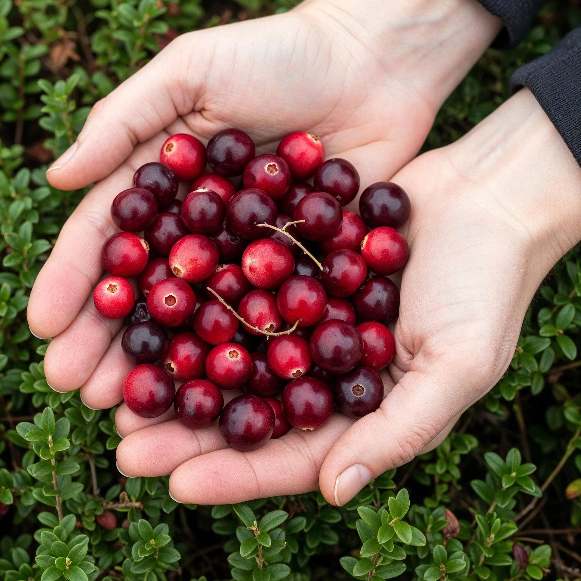 Myrtille Early Black : Deux mains tiennent une grande quantité de baies rouges foncées fraîchement cueillies, avec des feuilles vertes en ar