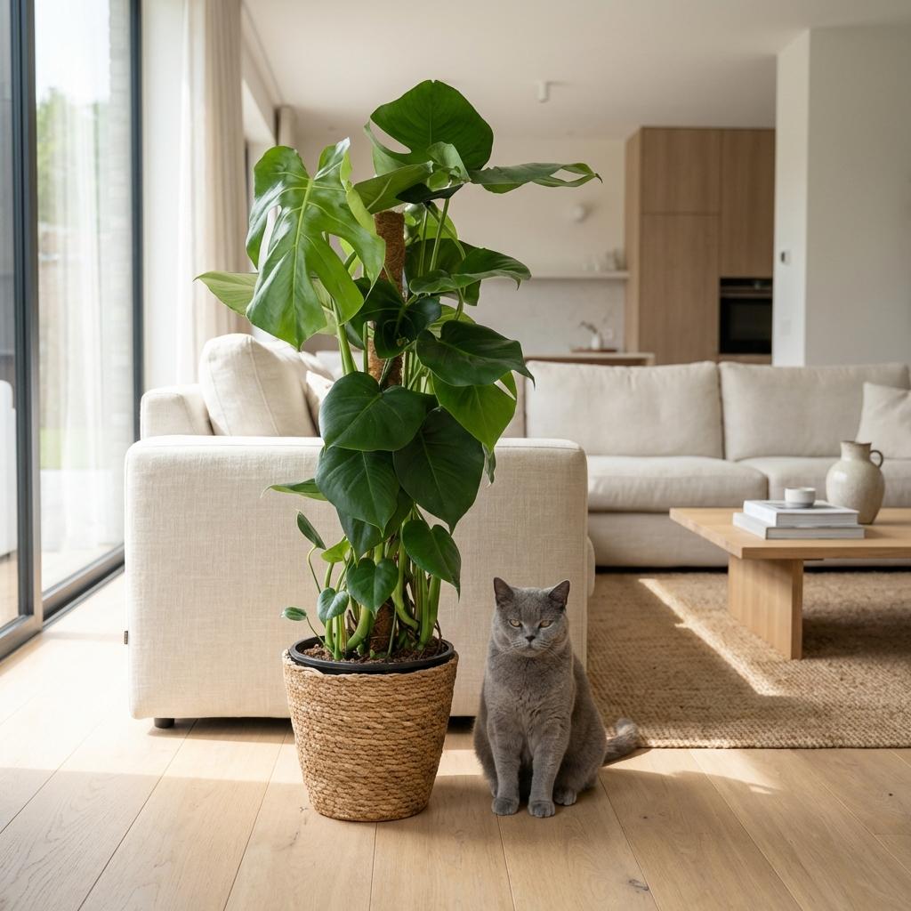 Plante d'intérieur - Monstera Deliciosa sur tuteur - Vert - Entretien facile - 1 Plante - avec Panier - Pot 19cm - Hauteur 90cm