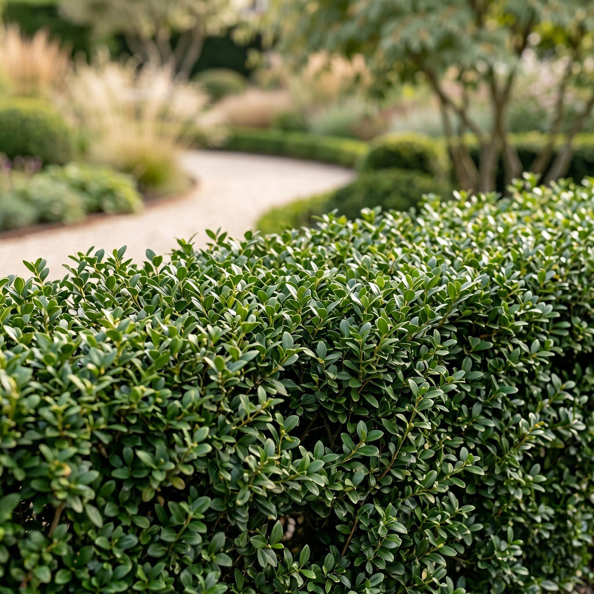 Ilex crenata Stokes en haie taillée, avec un chemin sinueux et une végétation luxuriante en arrière-plan d'un jardin ensoleillé.