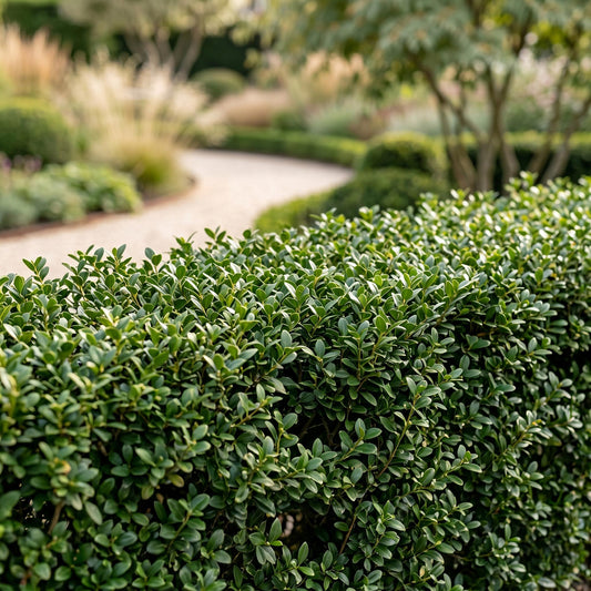 Ilex crenata Stokes en haie taillée, avec un chemin sinueux et une végétation luxuriante en arrière-plan d'un jardin ensoleillé.