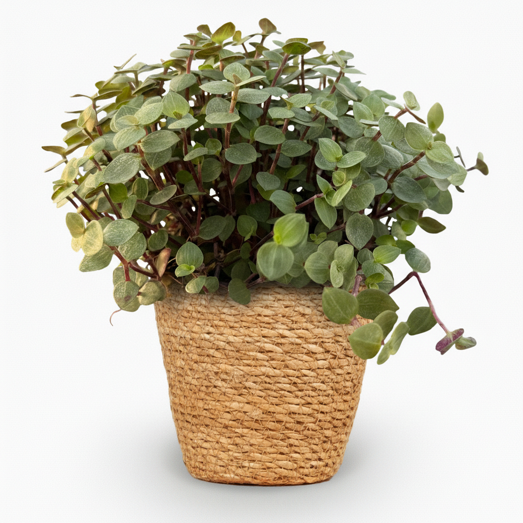 Belle Calissia repens au feuillage vert et violet, presentee dans un pot en osier naturel tisse