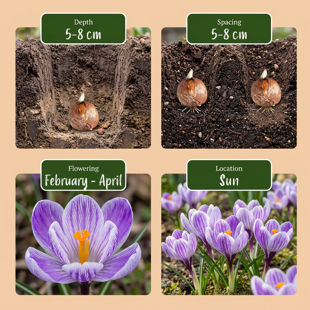 Guide de plantation des bulbes de Crocus avec profondeur, espacement, floraison et exposition.