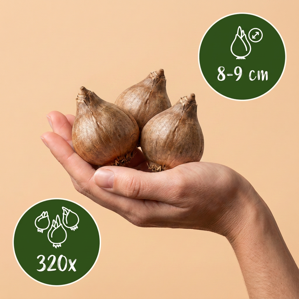 Bulbes de Nivéole d'été tenus dans une main, calibre 8-9 cm, lot de 320 bulbes.
