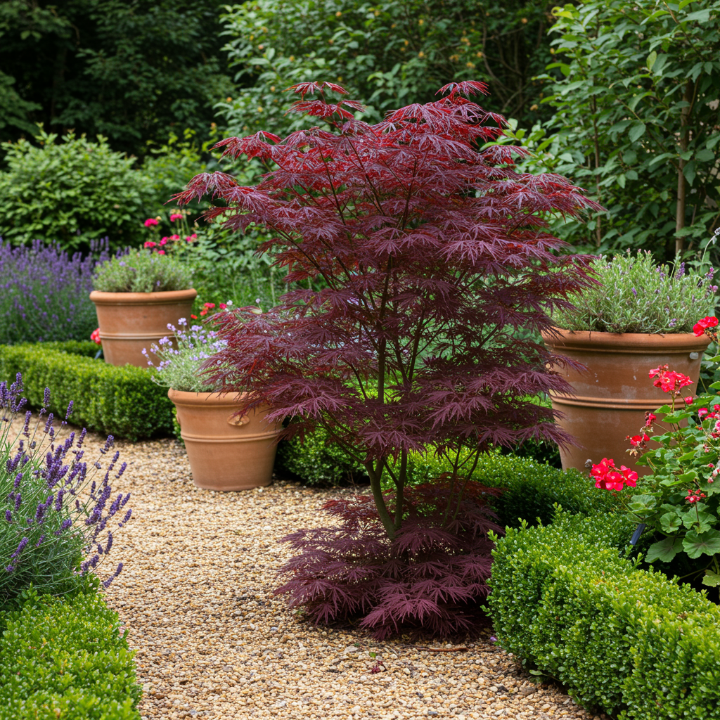 Érable Japonais 'Bloodgood' aux feuilles rouges éclatantes, mis en scène dans un jardin paysager avec un chemin de gravier et des plantes en
