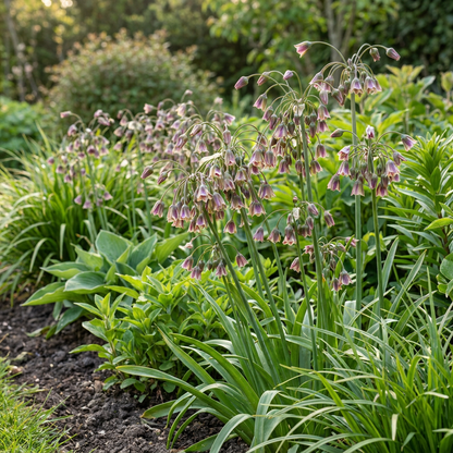 Ail de Sicile (Allium) en pleine floraison avec ses clochettes pourpres et vertes, dans un jardin verdoyant.