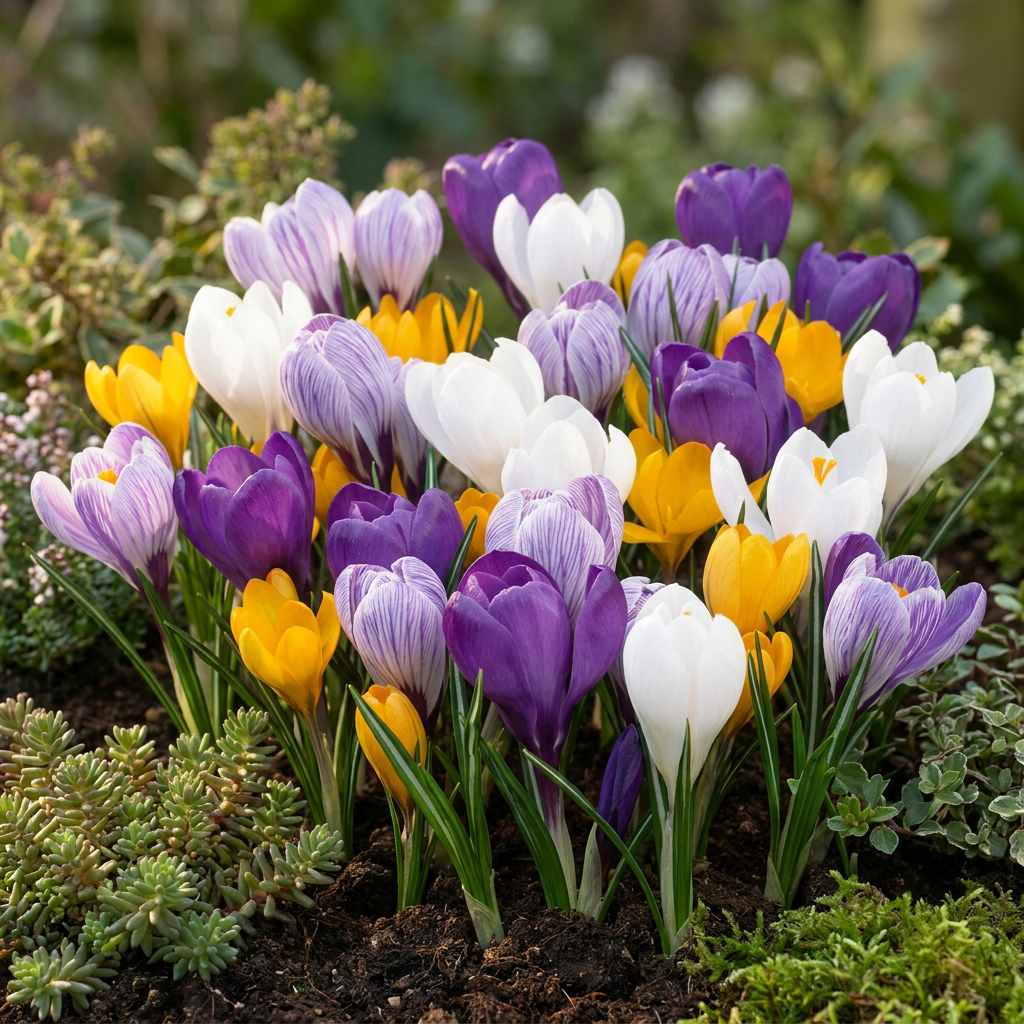 Massif de crocus à grandes fleurs en mélange, présentant des floraisons violettes, blanches, strié et jaunes.
