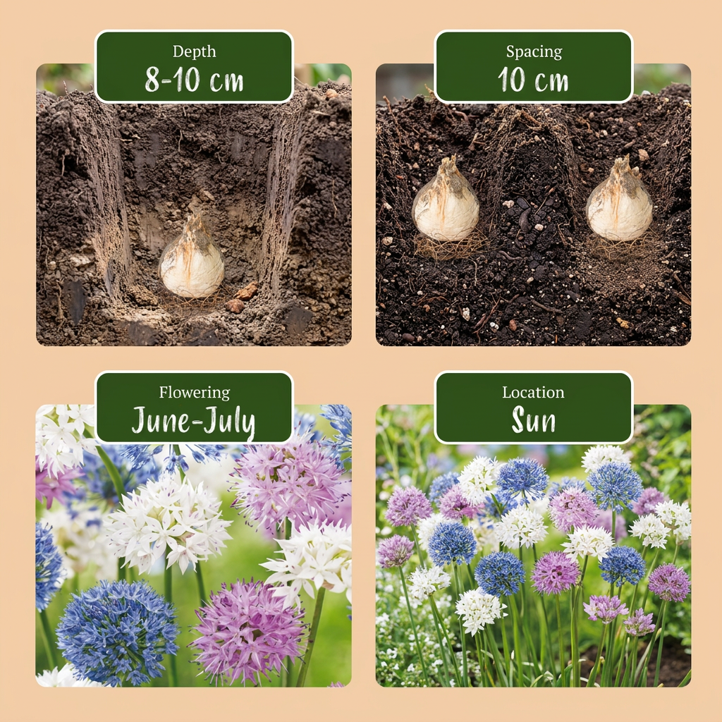 Guide de plantation et floraison des bulbes d'Ail d'ornement 'Buzzing Beauties' Allium.