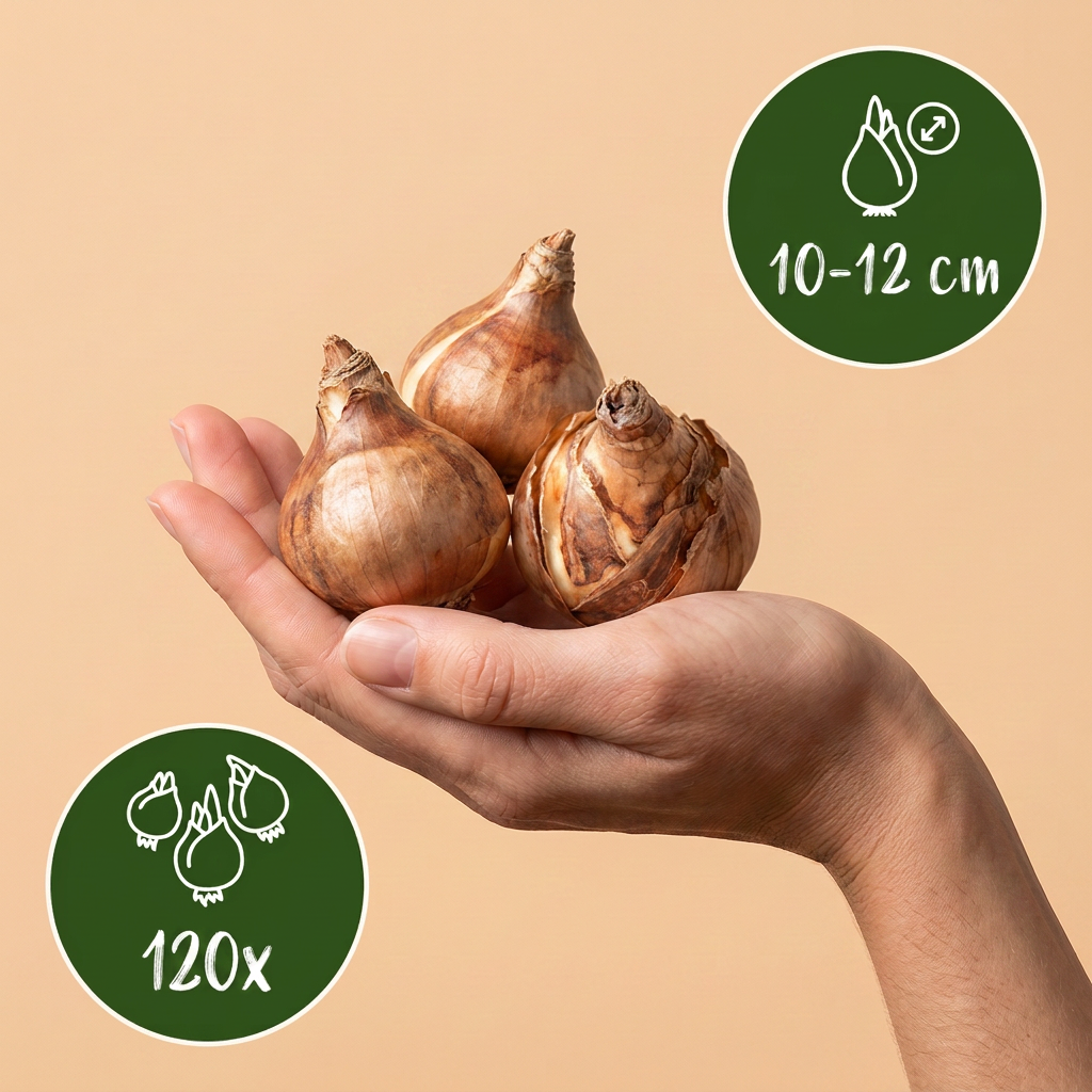 Bulbes de Narcisse des poetes tenus dans une main, calibre 10/12, lot de 120 bulbes