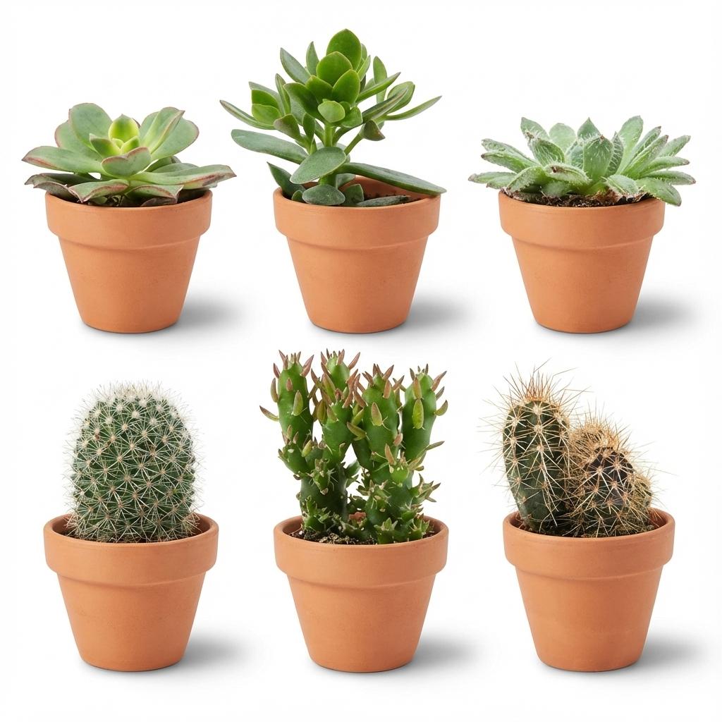 Six mini mélange de cactus et succulentes variées, chacun dans un petit pot en terre cuite de 8cm, sur fond blanc