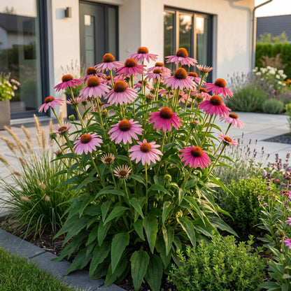 Echinacea purp. Magnus en fleurs roses et fuchsia dans un jardin ensoleillé, devant une maison moderne.
