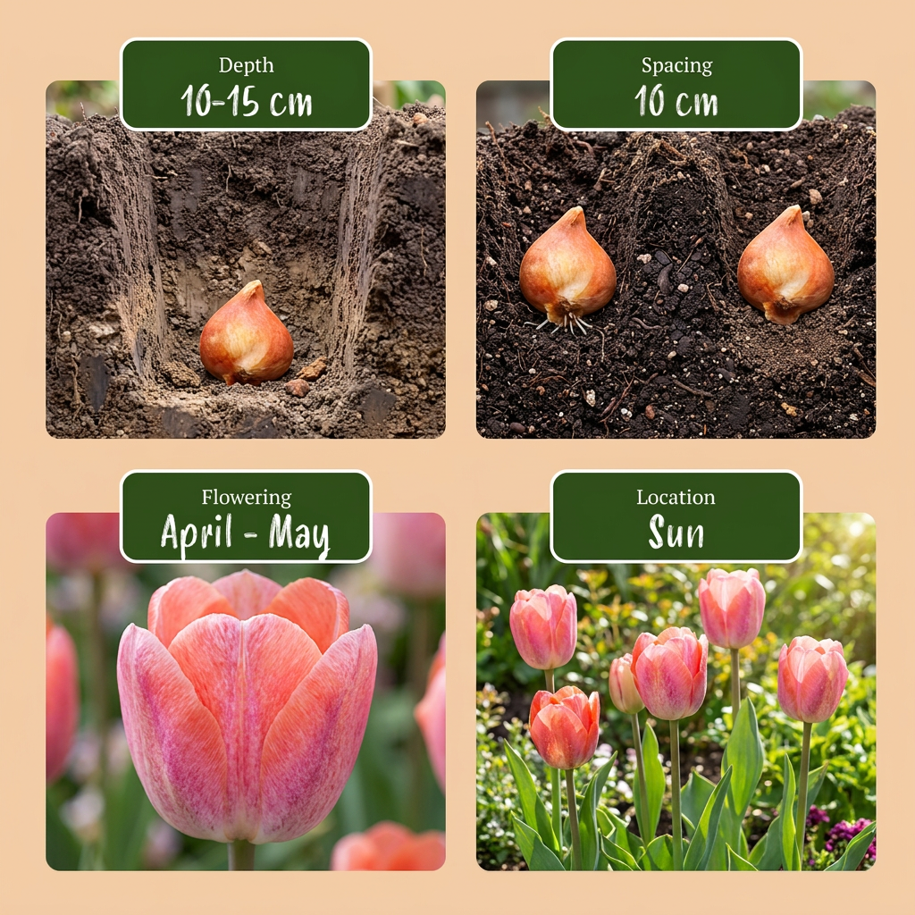 Guide de plantation des bulbes de Tulipe 'Positive Vibe' avec profondeur, espacement, période de floraison et exposition.
