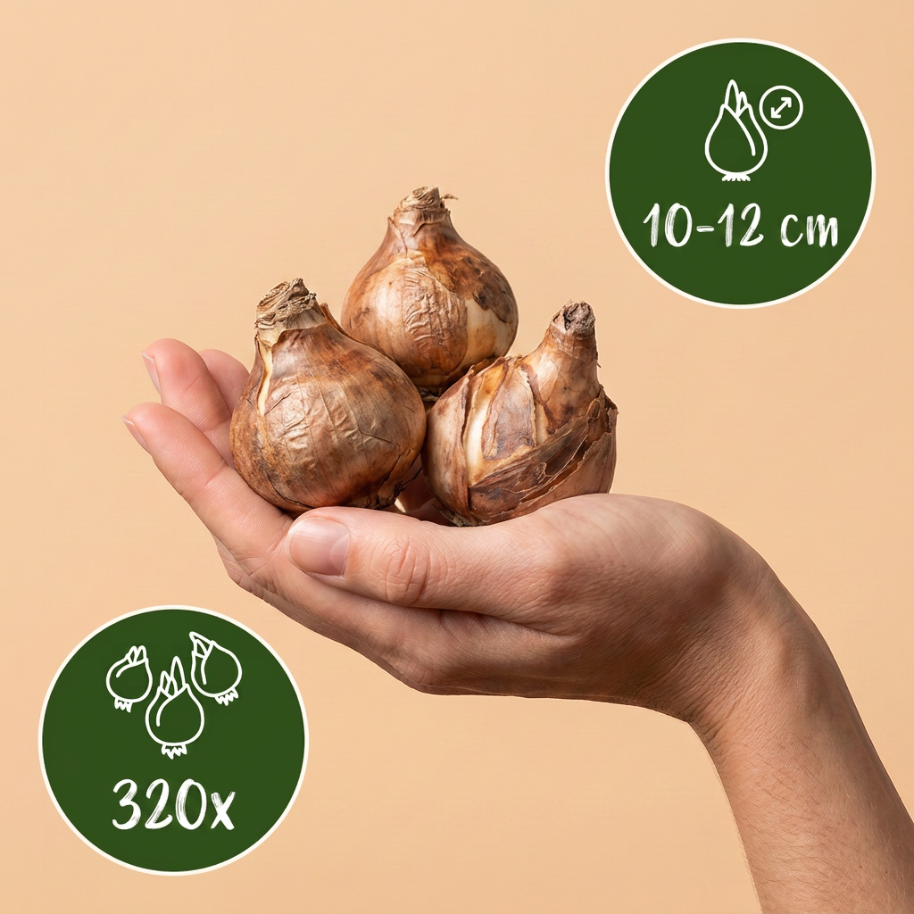 Bulbes de Narcisse jaune tenus dans une main, calibre 10/12, lot de 320 bulbes