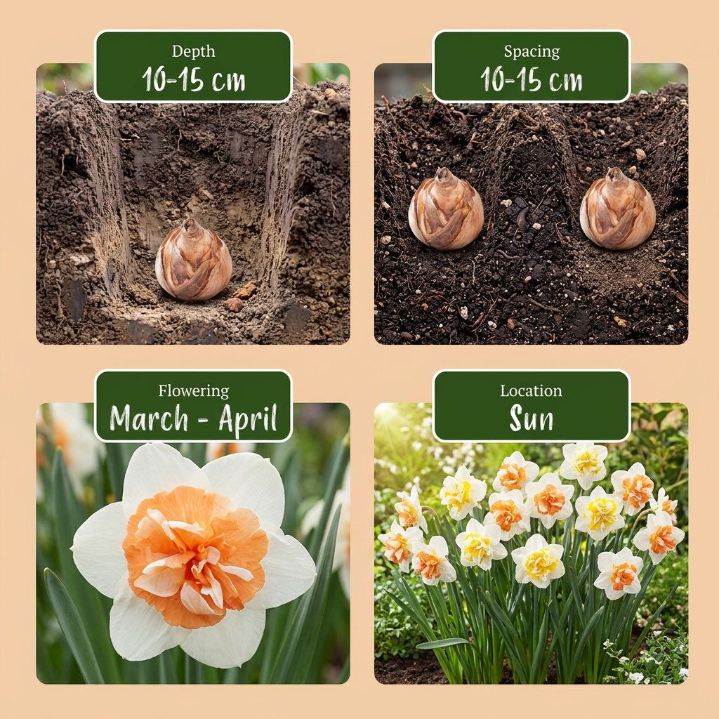 Guide de plantation des bulbes de Narcisse 'Macaron Bloss' avec profondeur, espacement, floraison et exposition au soleil.