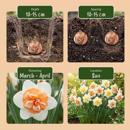 Guide de plantation des bulbes de Narcisse 'Macaron Bloss' avec profondeur, espacement, floraison et exposition au soleil.