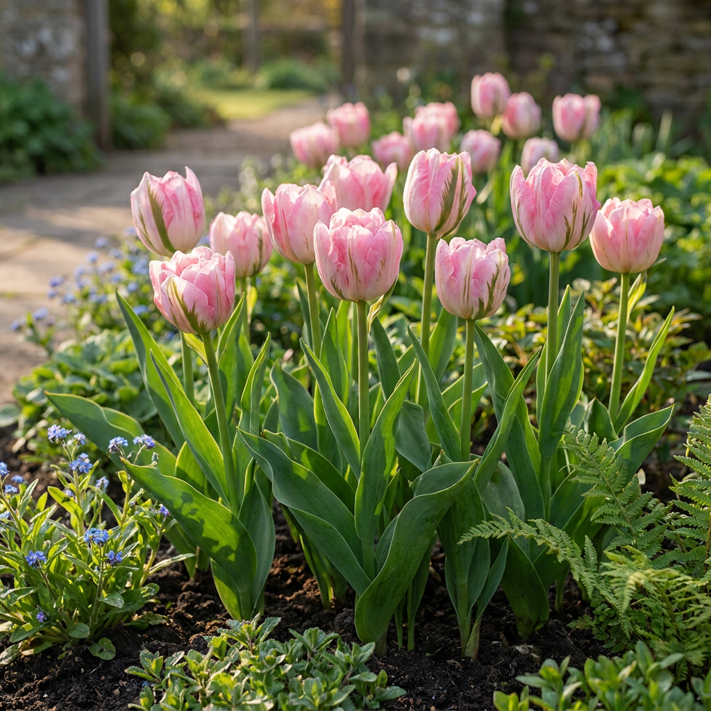 Massif de tulipes doubles roses et blanches 'Tulipa' avec des brins de verdure dans un jardin ensoleillé.