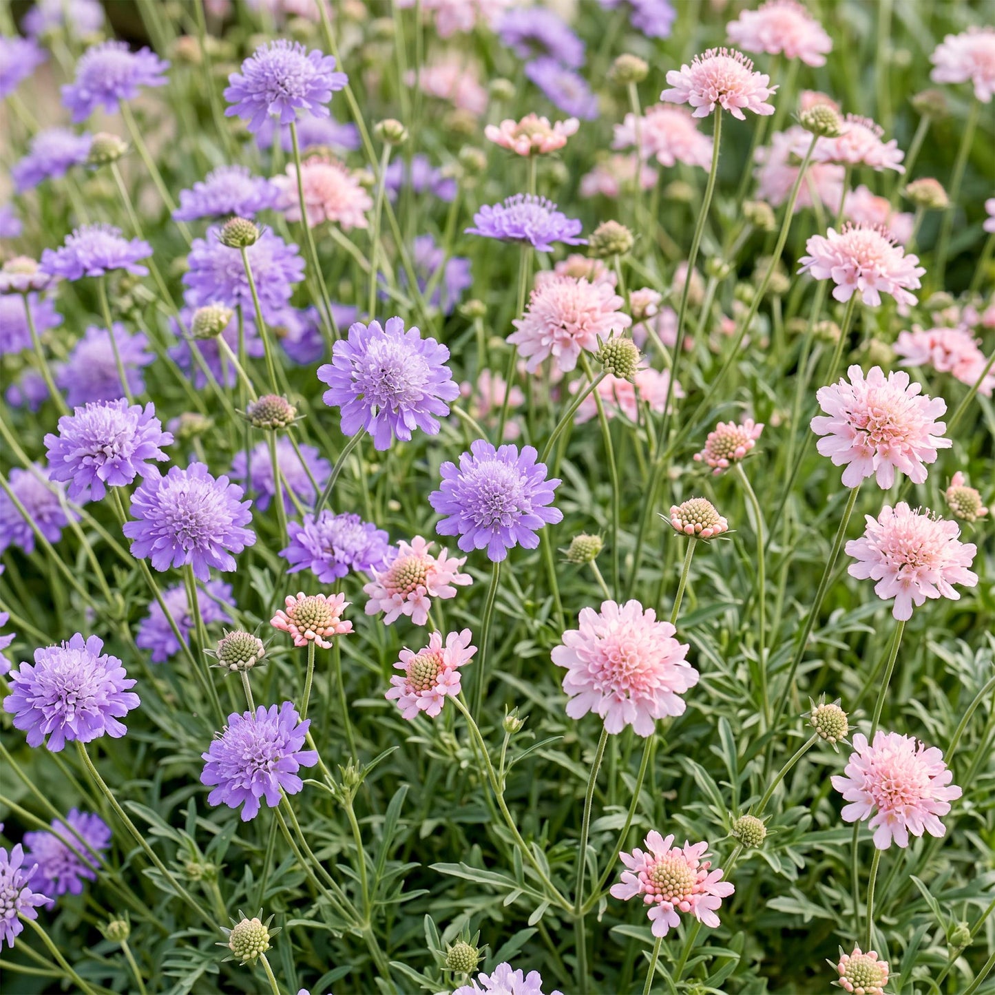 Scabiosa Duo avec ses fleurs violettes et roses pâles éclatantes dans un jardin, attirant les abeilles et les papillons.