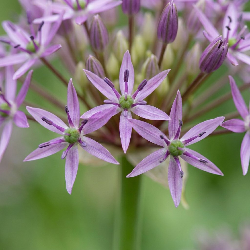 Gros plan des fleurs étoilées violettes de l'Ail d'ornement Christophii en pleine floraison.