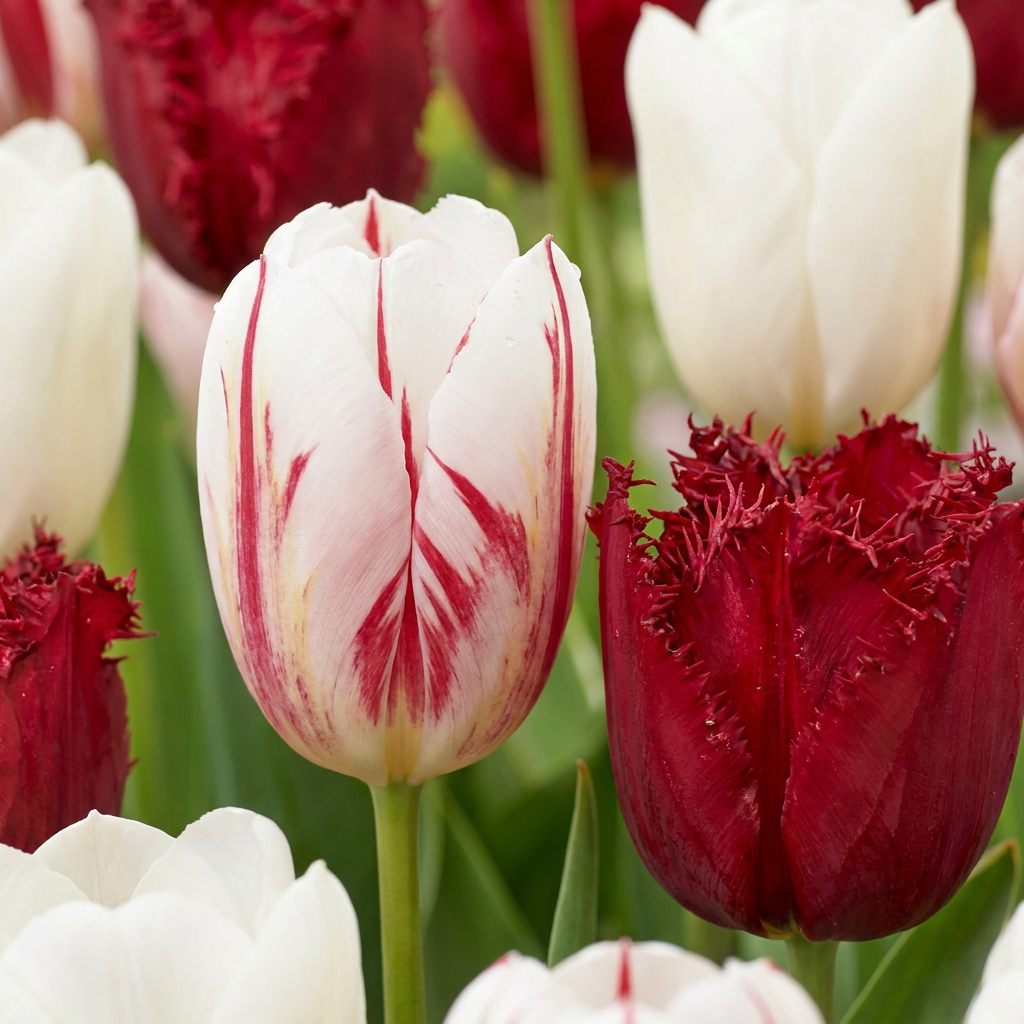 Tulipes 'Dutch Design' blanches striées de rouge et tulipes rouges à bords frangés en fleurs.