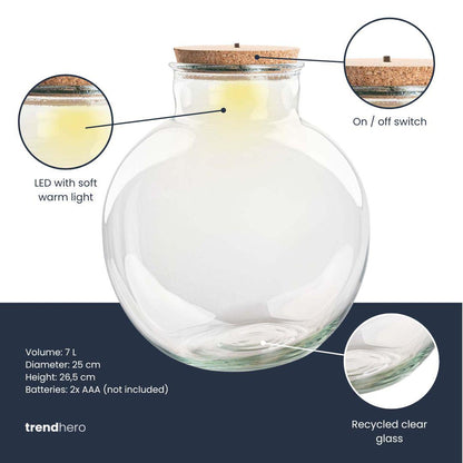 Bouteille terrarium boule en verre recyclé 7 L, Ø 25 cm, bouchon liège ou bouchon LED