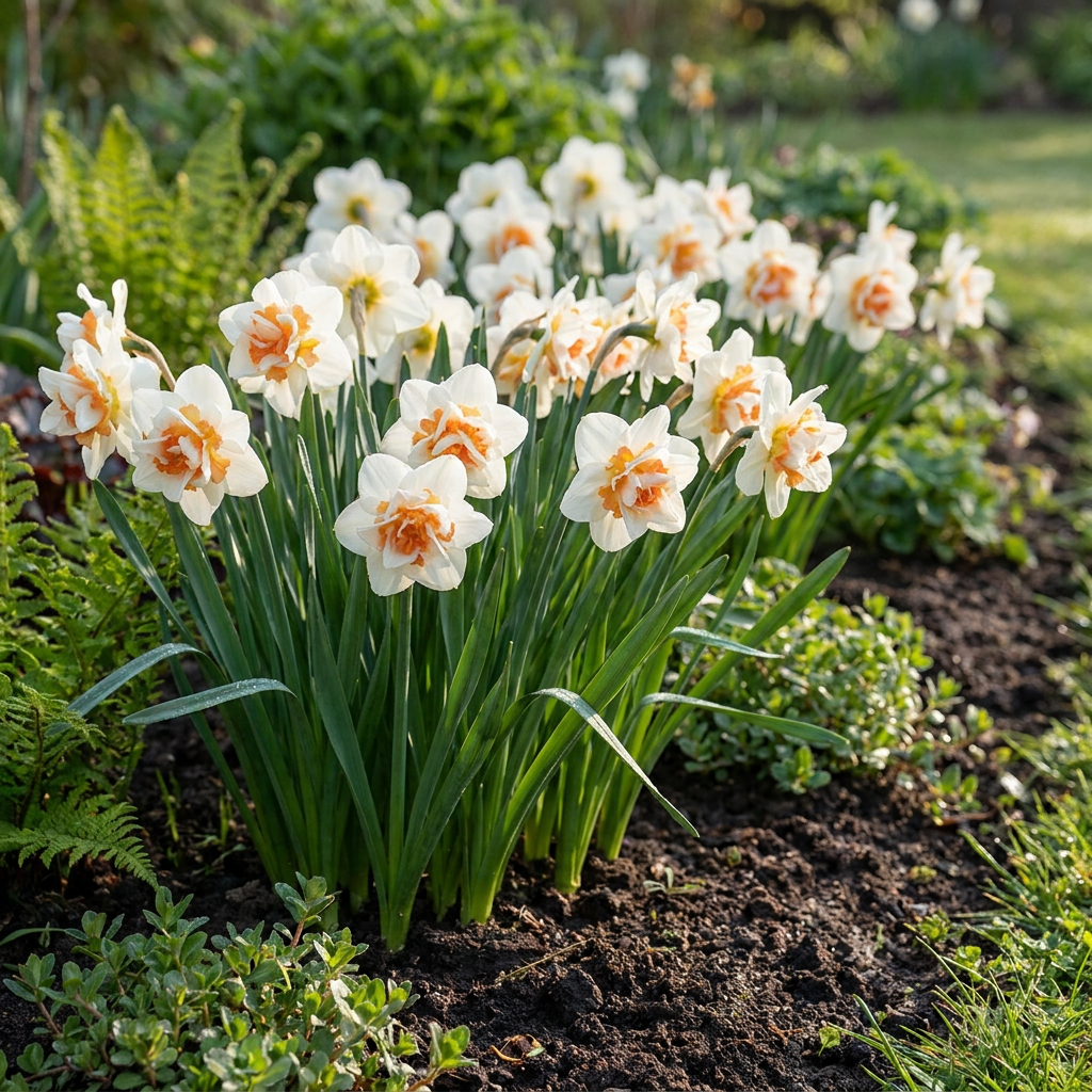 Massif de narcisses 'Replete' aux fleurs blanches et aux cœurs ébouriffés orange dans un jardin printanier.