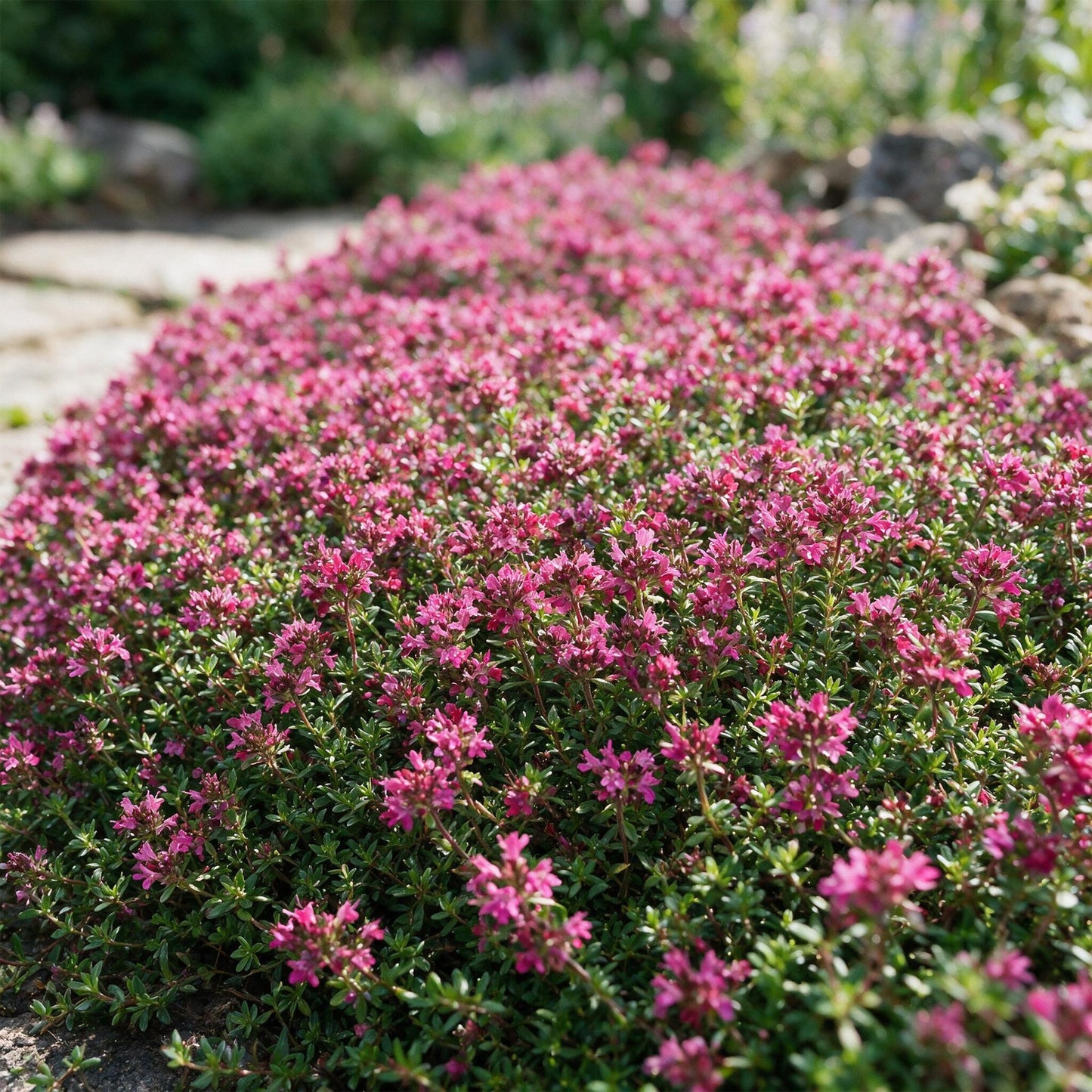 Thymus praecox Red Carpet rampant avec une profusion de fleurs rouge-rose, formant un tapis végétal dense et parfumé dans un jardin ensoleil