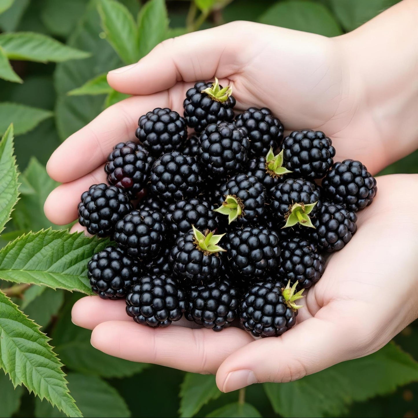 Ronce noire 'Rubus Thornless Evergreen'. Gros plan de mains tenant une abondance de mûres noires, juteuses et fraîchement cueillies.
