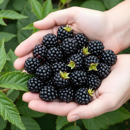 Ronce noire 'Rubus Thornless Evergreen'. Gros plan de mains tenant une abondance de mûres noires, juteuses et fraîchement cueillies.