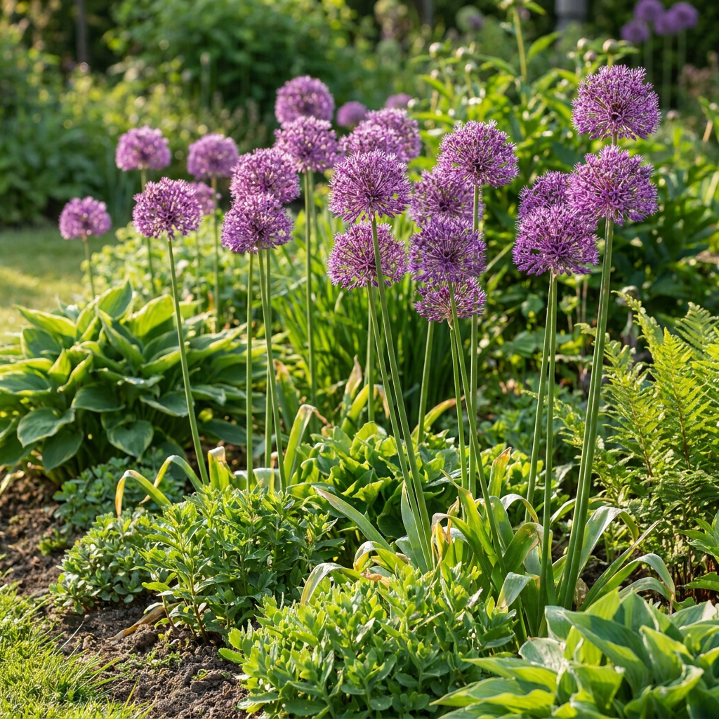 Massif de fleurs d'Ail d'ornement 'Purple Rain' (Allium) aux grandes fleurs sphériques violettes dans un jardin