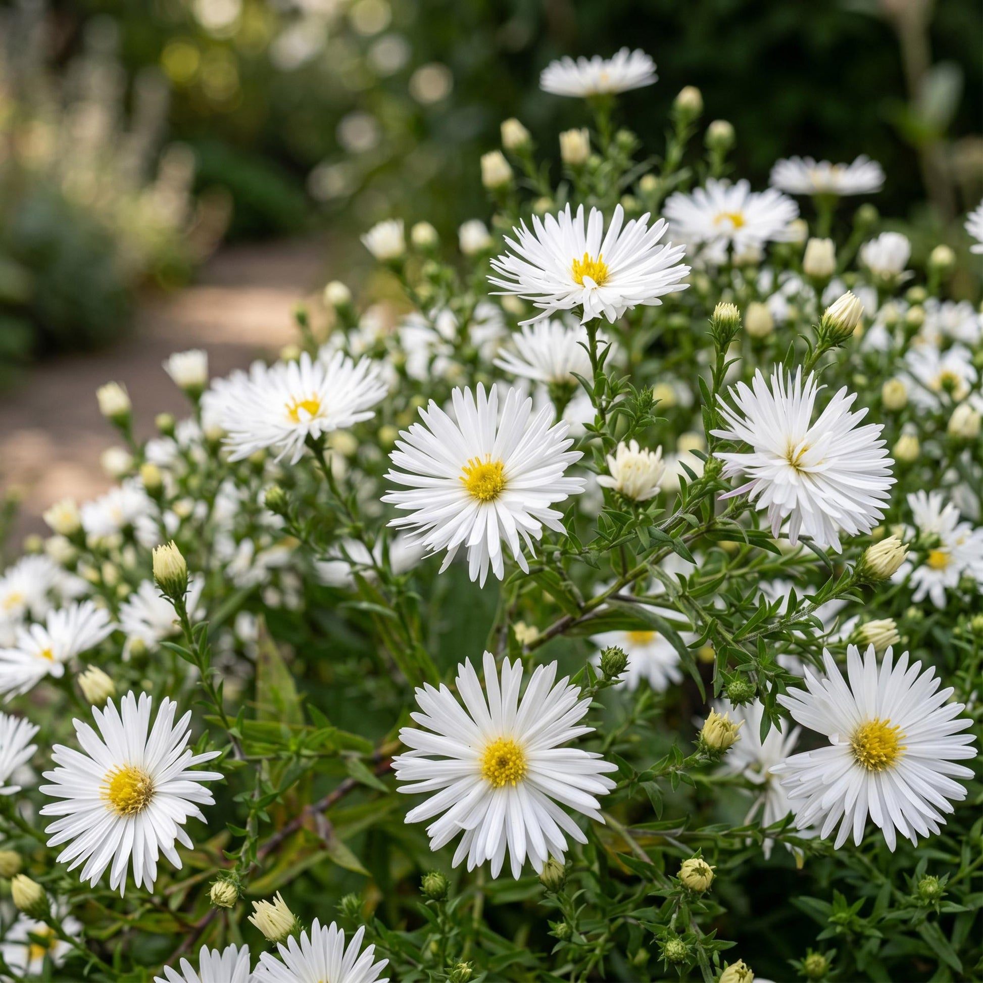 Aster 'Schneekissen' en pleine floraison, un tapis de fleurs blanches à cœur jaune, attirant les abeilles et les papillons dans un jardin lu