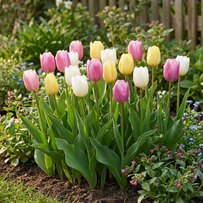 Massif de tulipes 'Sorbet' en mélange, aux fleurs roses, jaunes et blanches, épanouies dans un jardin printanier.