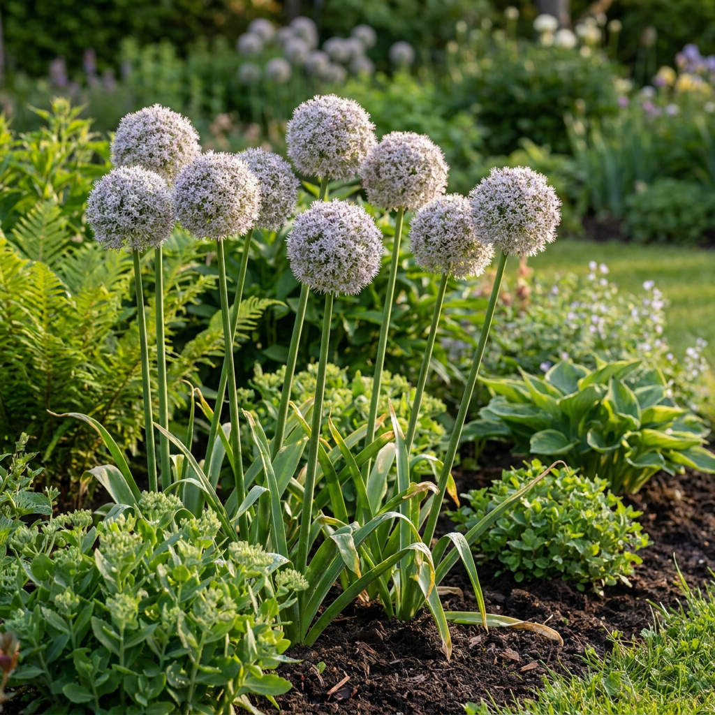 Ail d'ornement 'Ping Pong' avec ses fleurs sphériques blanc-rose dans un massif luxuriant.