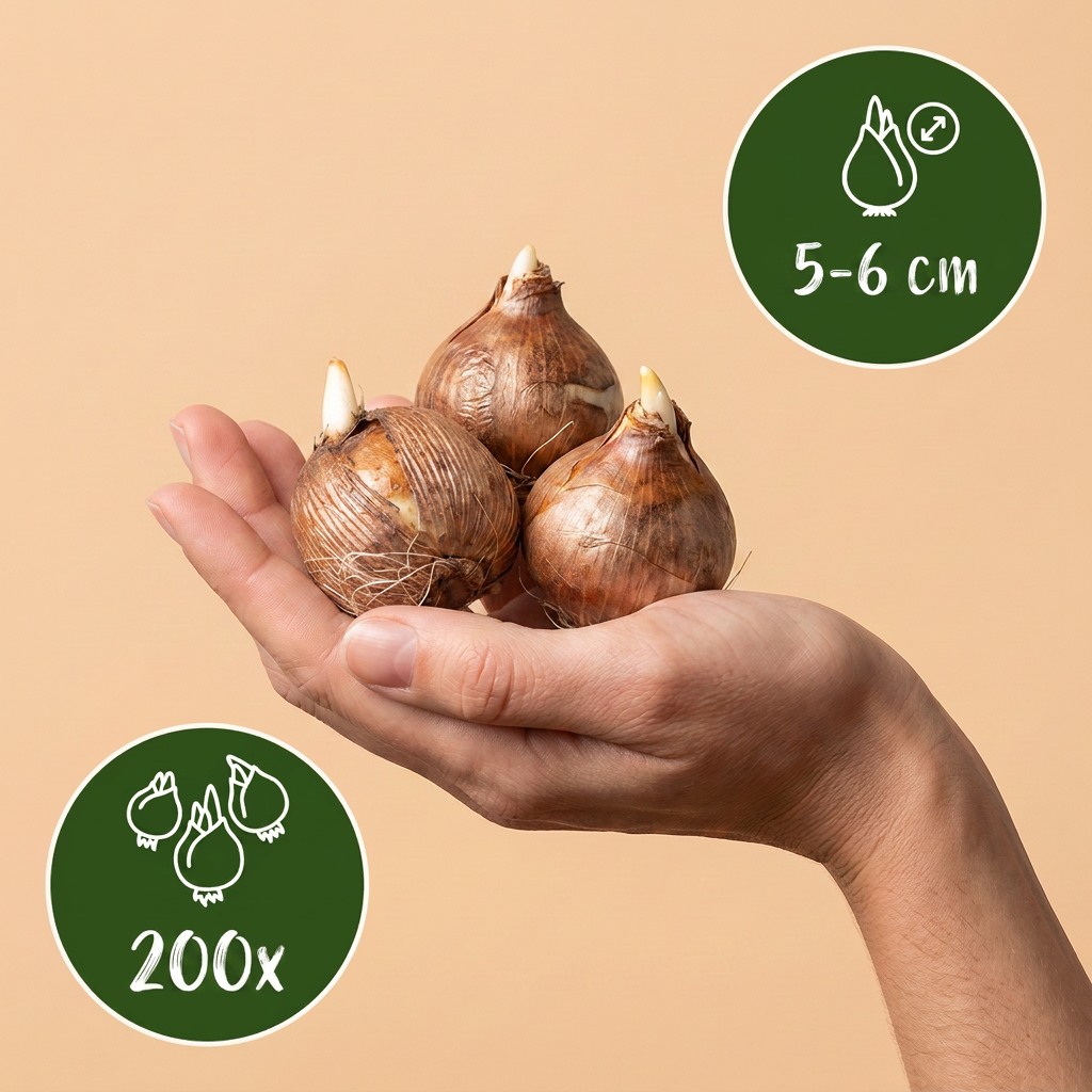Bulbes de Crocus botaniques en mélange tenus dans une main, calibre 5-6 cm, lot de 200 bulbes.