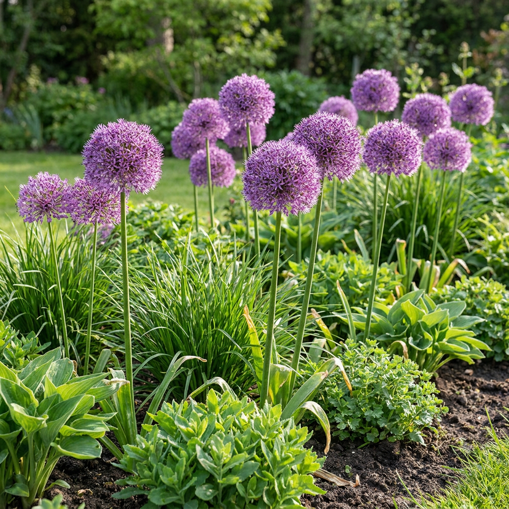 Massif de fleurs d'ail d'ornement 'Gladiator' aux sphères violettes et aux feuilles vertes dans un jardin ensoleillé.