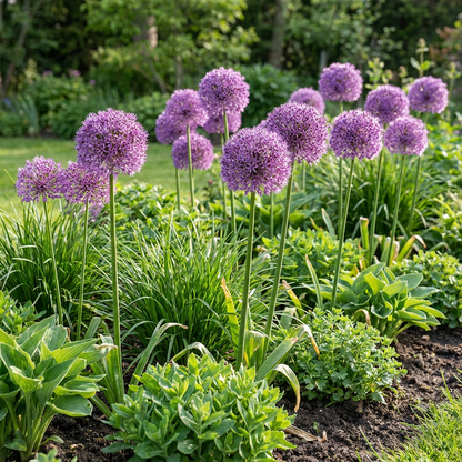 Massif de fleurs d'ail d'ornement 'Gladiator' aux sphères violettes et aux feuilles vertes dans un jardin ensoleillé.