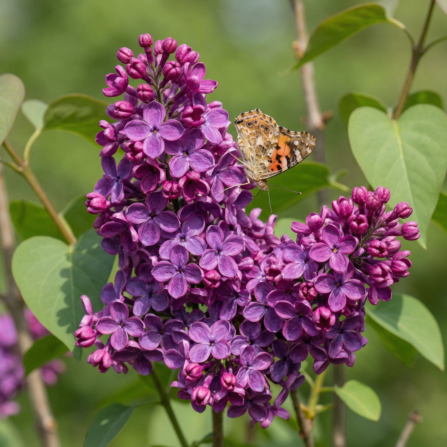 Lilas commun Ludwig Spath. Gros plan d'une fleur de lilas violet avec un papillon orange et marron posé dessus.