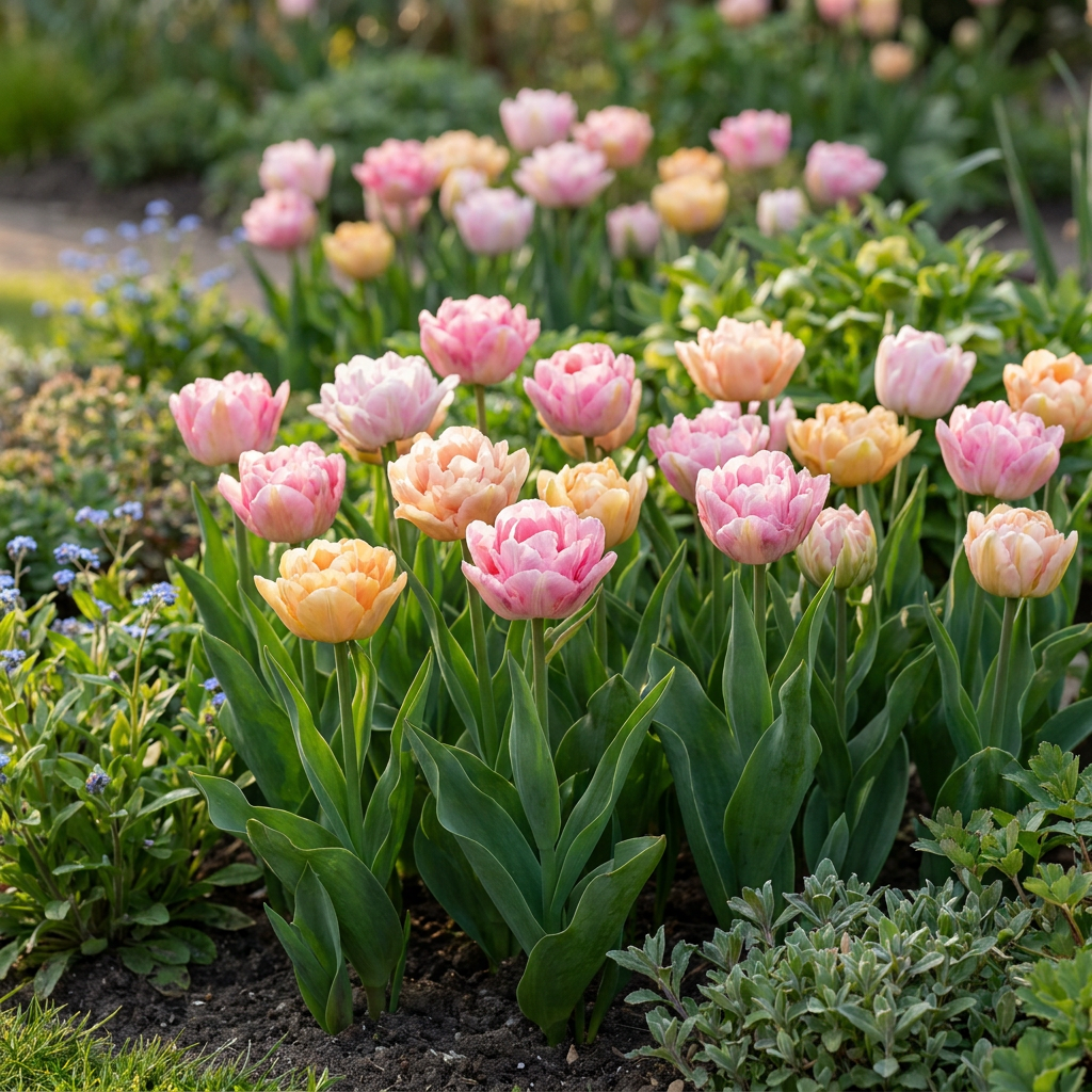 Massif de tulipes 'Peaches & Kisses' aux fleurs doubles roses et pêche dans un jardin fleuri.