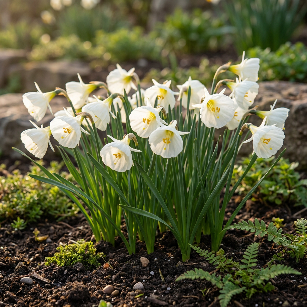 Massif de narcisses 'White Petticoat' aux fleurs blanches délicates et au cœur jaune pâle dans un jardin ensoleillé.