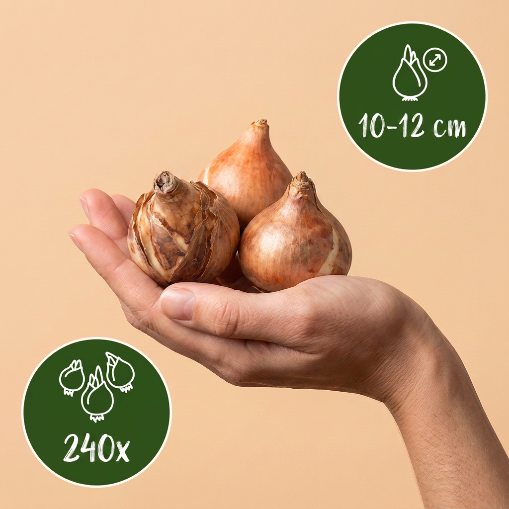 Bulbes de Narcisse Double en mélange tenus dans une main, calibre 10-12 cm, lot de 240 bulbes.