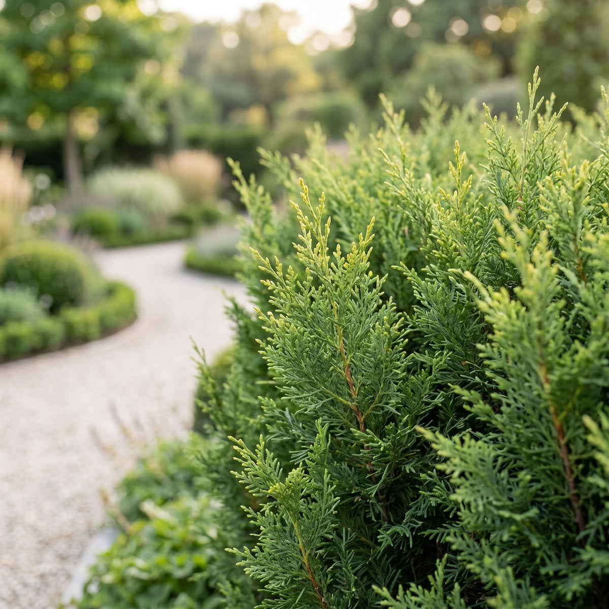 Cupressocyparis leylandii. Feuillage dense et vert d'un conifère de haie, avec un sentier de jardin sinueux en arrière-plan.
