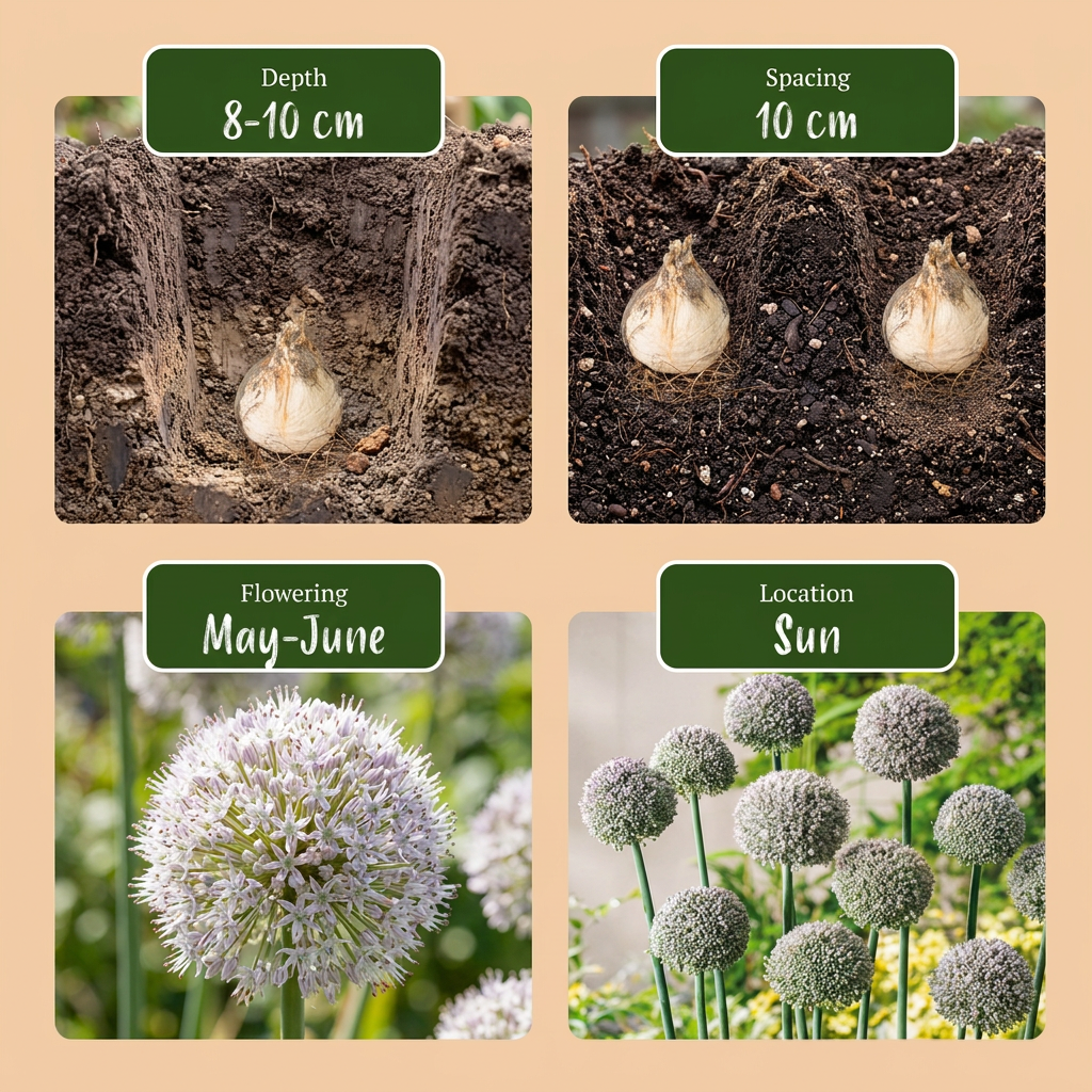 Guide de plantation des bulbes d'Ail d'ornement 'Ping Pong' avec profondeur, espacement, floraison et exposition.