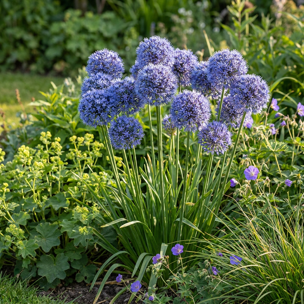 Massif d'Ail d'ornement Caeruleum aux fleurs bleues sphériques dans un jardin verdoyant.