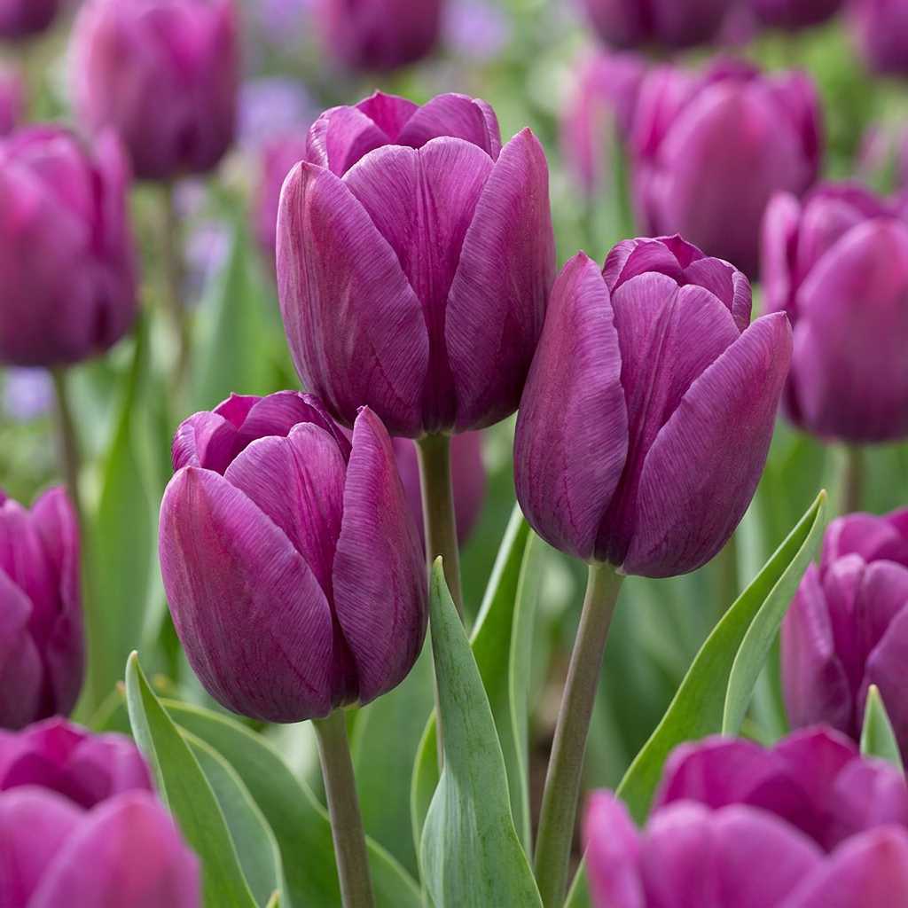 Massif de tulipes Triumph pourpres en pleine floraison printanière dans un jardin.