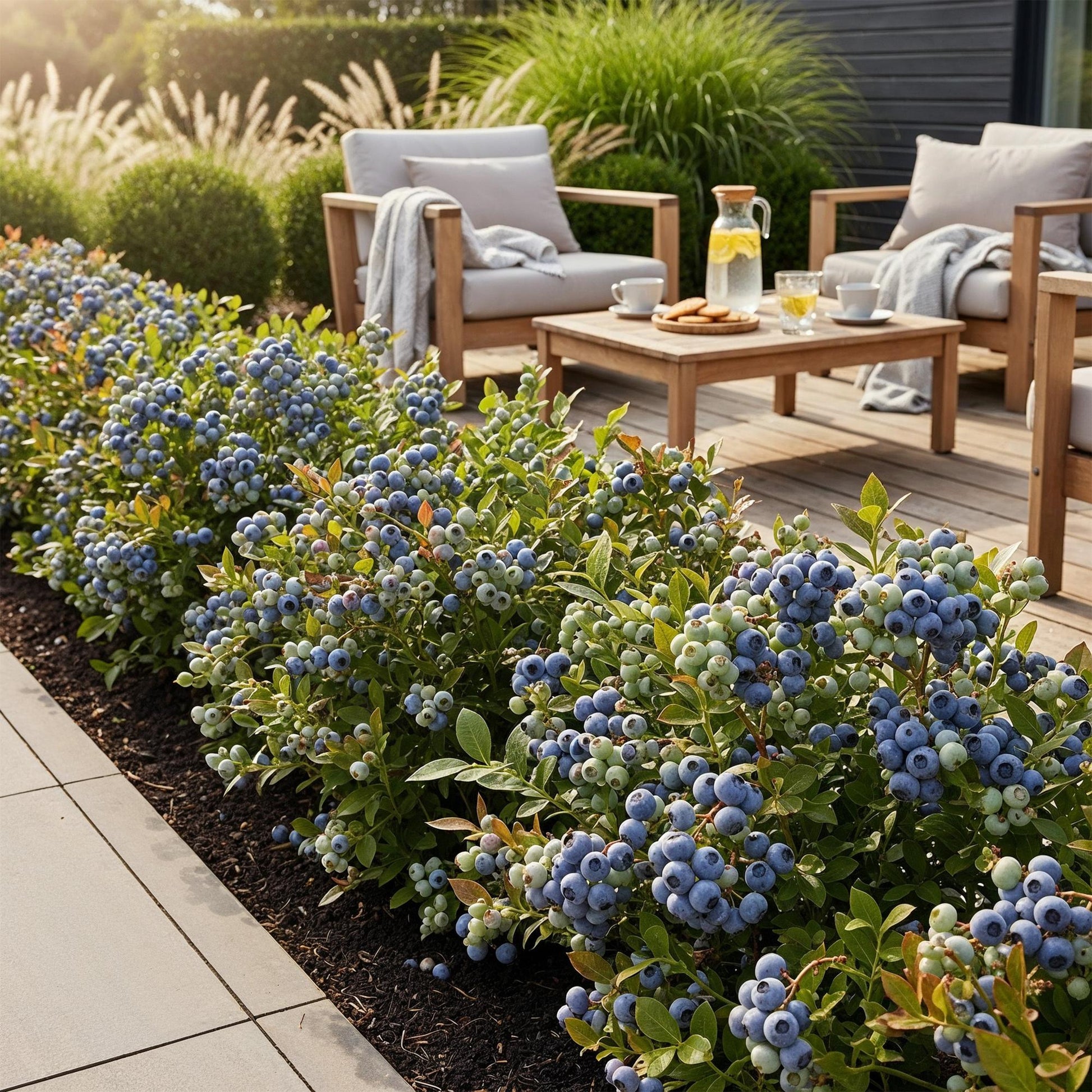Mûre bleue 'Bluegold' (Vaccinium corymbossum) plantée en massif, bordant une terrasse en bois avec salon de jardin.