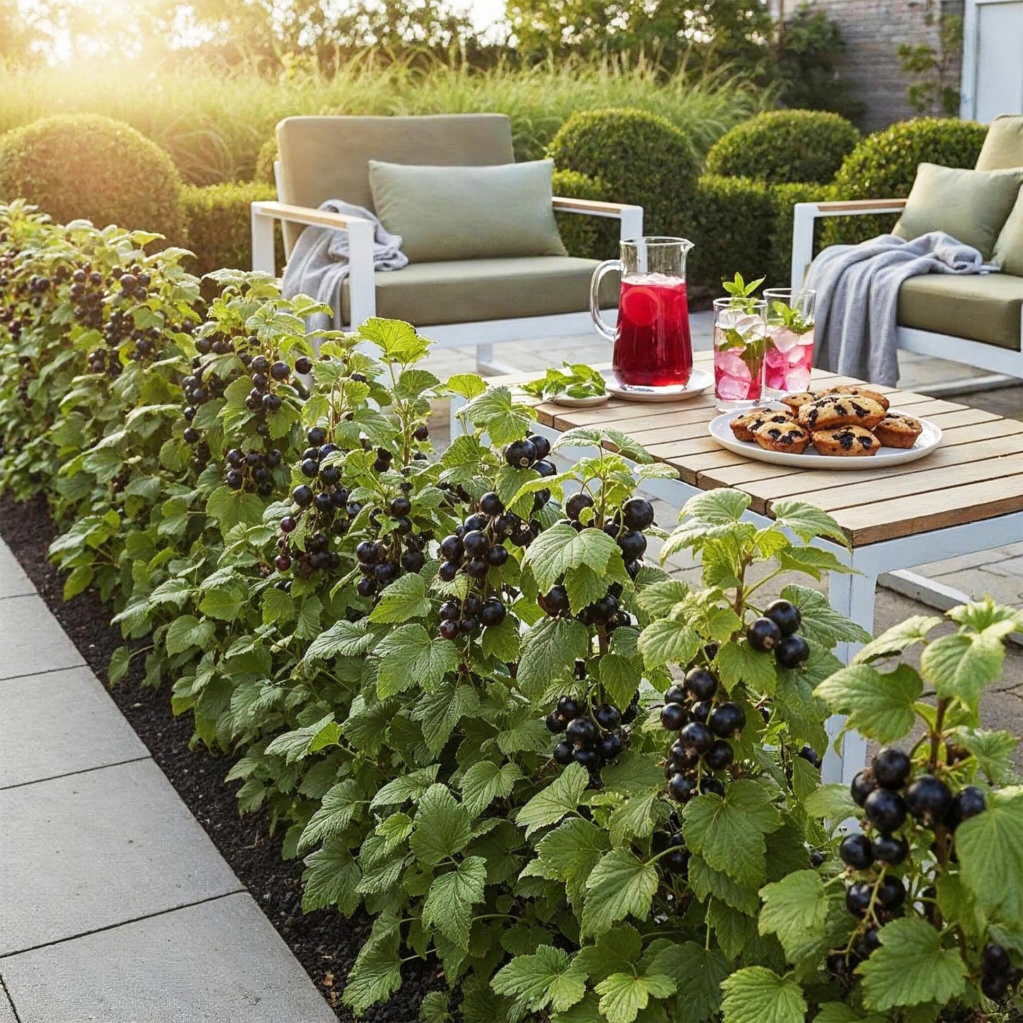 Jostabes, une haie de plants fruitiers avec des baies noires, bordant une terrasse avec mobilier de jardin, boissons et pâtisseries.