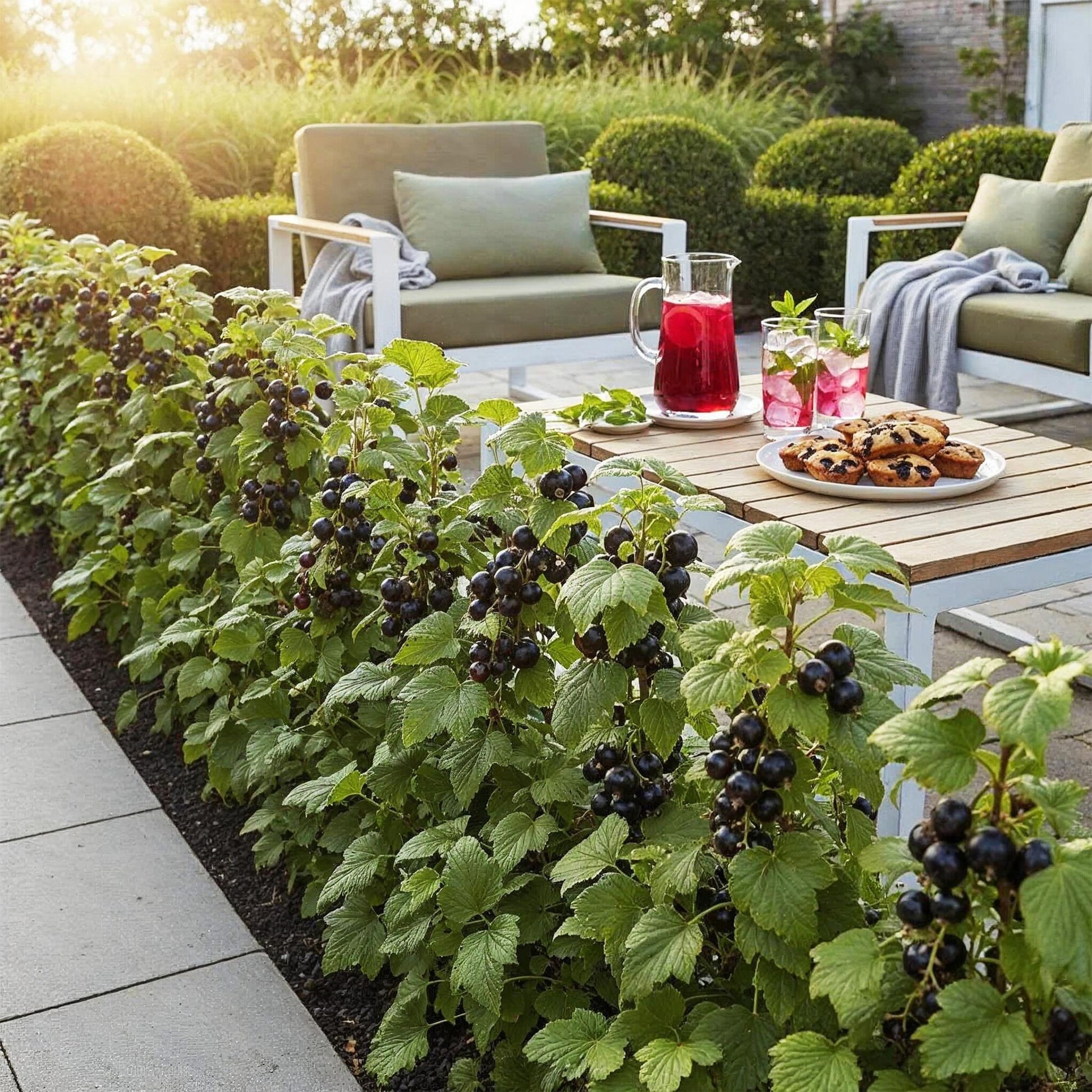 Jostabes, une haie de plants fruitiers avec des baies noires, bordant une terrasse avec mobilier de jardin, boissons et pâtisseries.