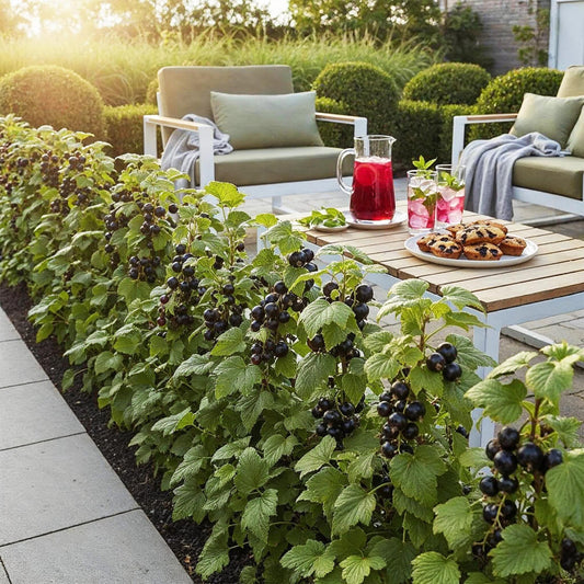 Jostabes, une haie de plants fruitiers avec des baies noires, bordant une terrasse avec mobilier de jardin, boissons et pâtisseries.