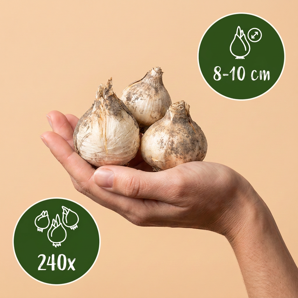 Bulbes d'Ail de Sicile tenus dans une main, petit calibre 8-10 cm, lot de 240 bulbes.