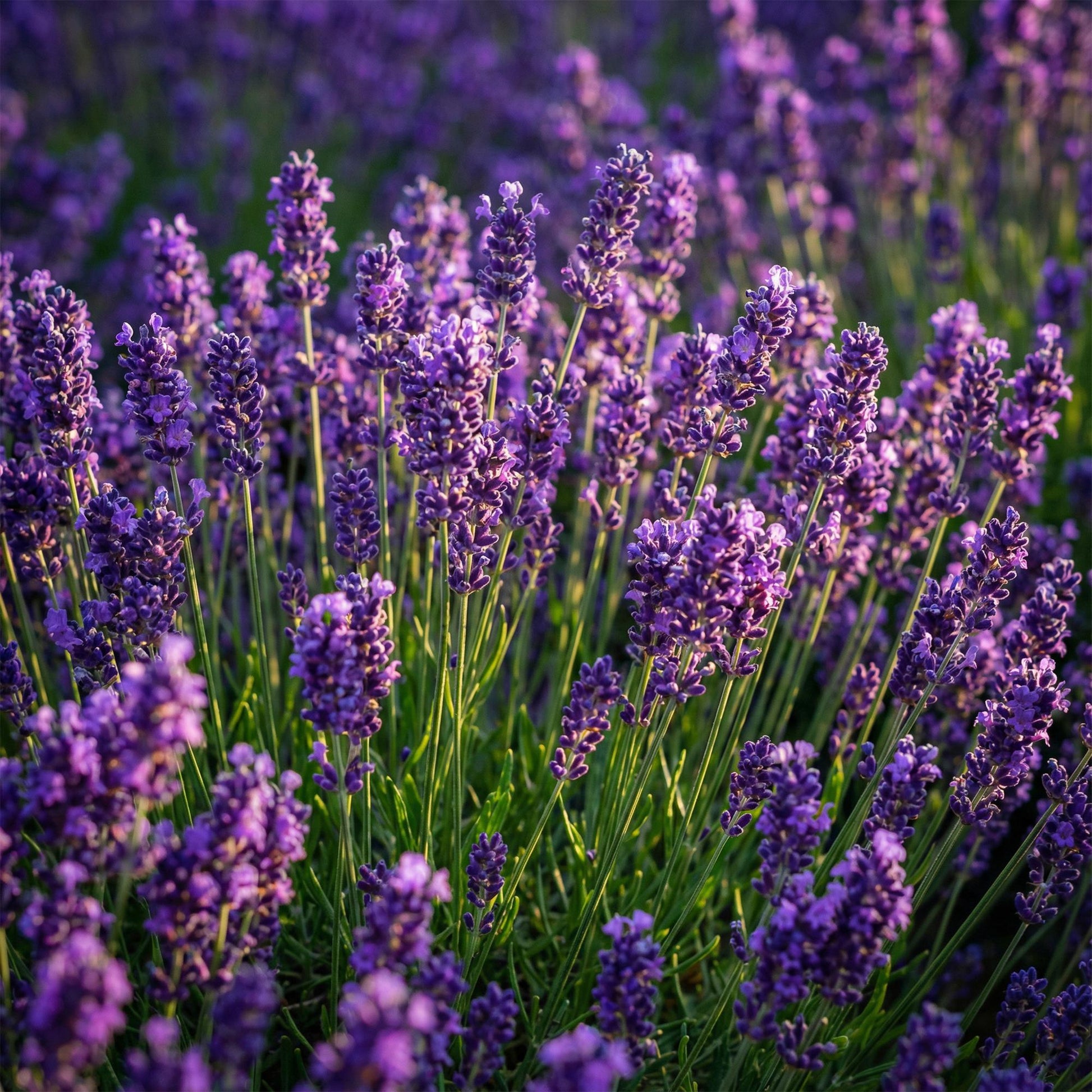 Lavande Munstead en gros plan, montrant ses épis floraux denses et parfumés de couleur violette, avec des teintes chaudes du soleil couchant
