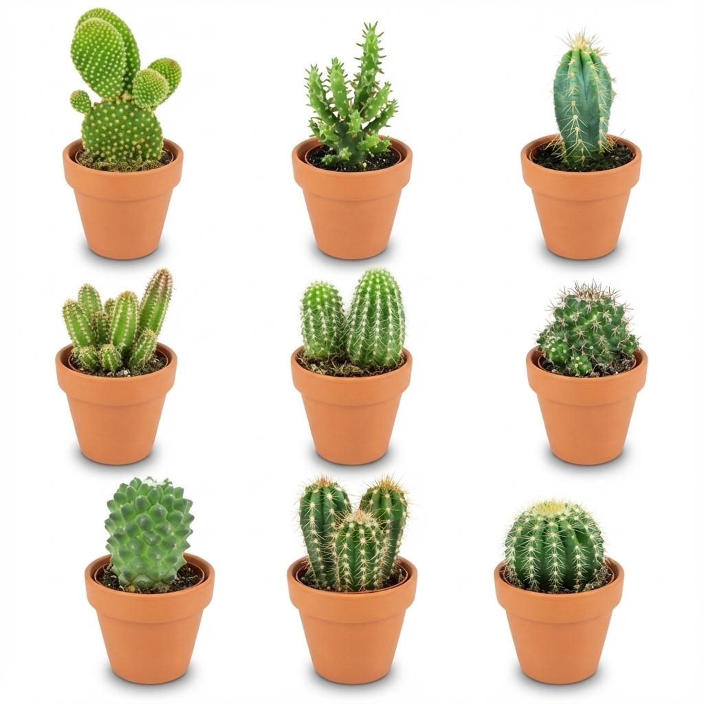 Un ensemble de neuf Mini Mélange de Cactus variés, chacun dans un pot en terre cuite de 8cm, sur un fond blanc pur
